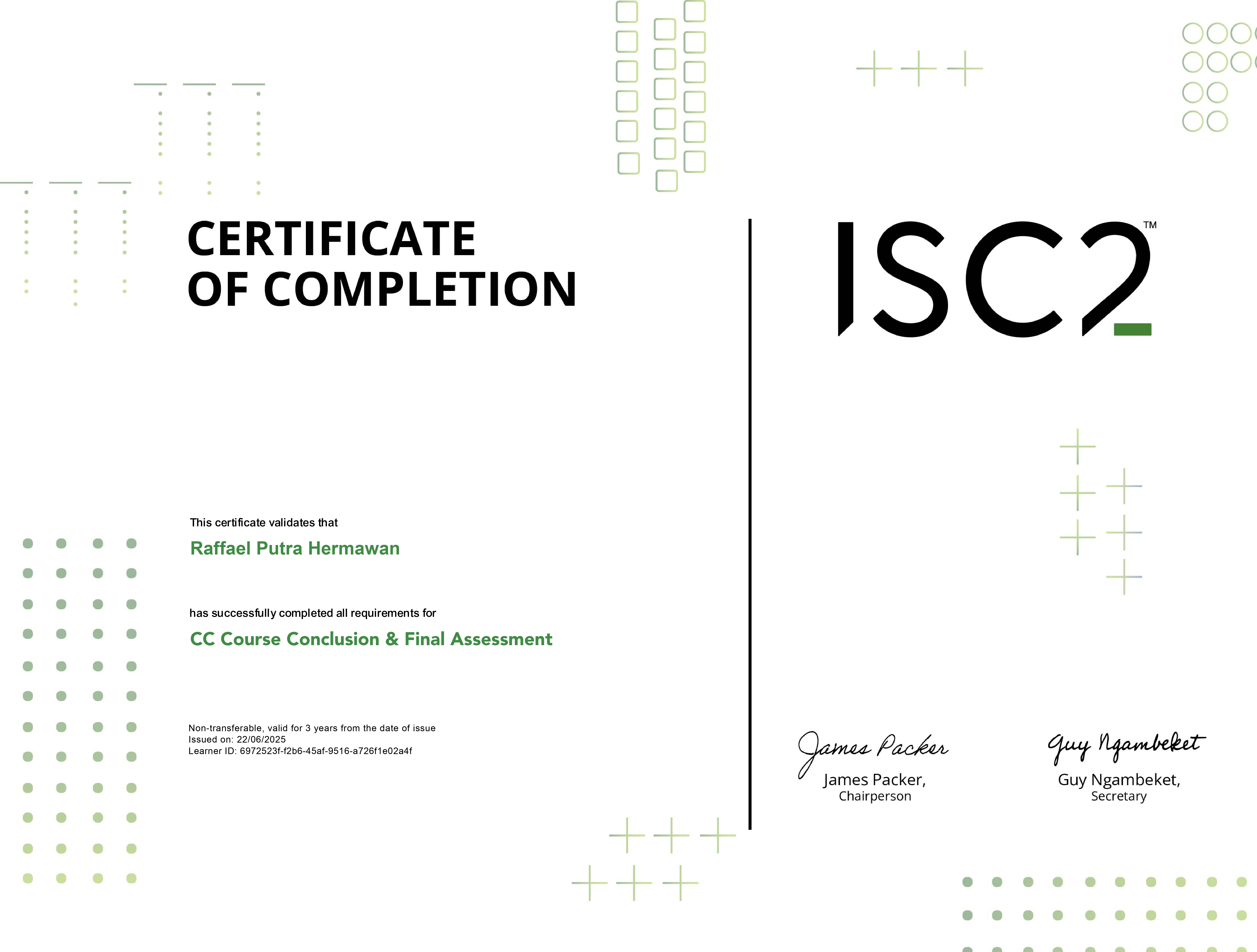 CC Course Conclusion certificate by ISC2